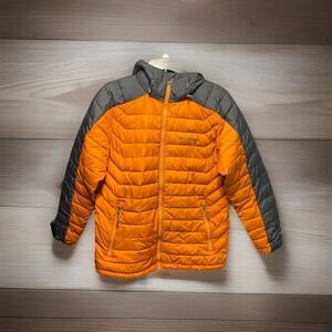 Columbia Powder Lite Hooded Puffer Jacket Men's Small Orange Black Omni Heat